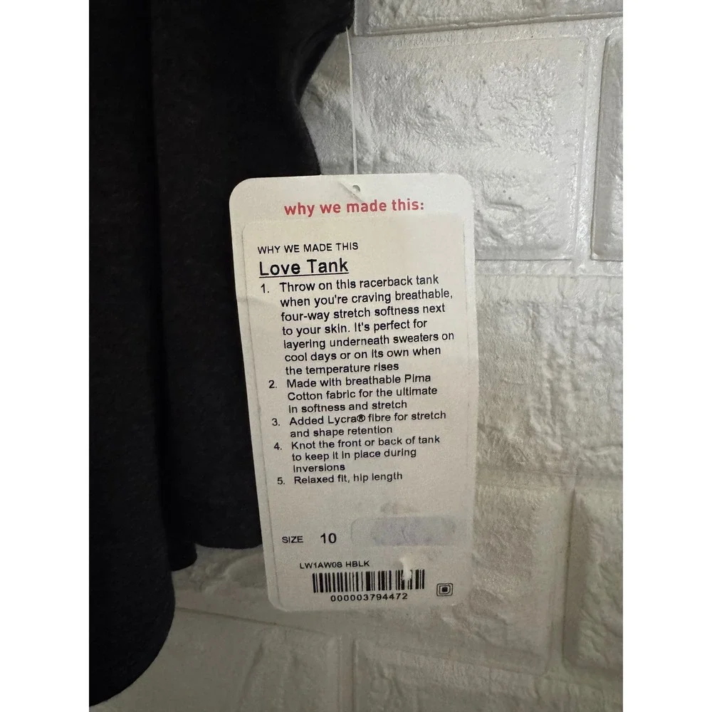 Lululemon Love Tank Heathered Black Racerback Pima Cotton Top LW1AW0S Size 10